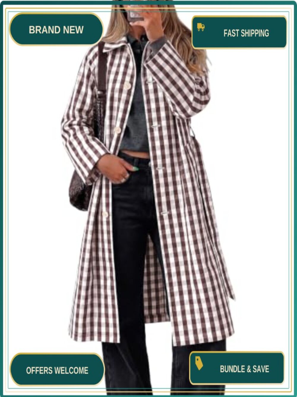 Womens Reversible Plaid Trench Coat Button Down Windproof Overcoat with Belt